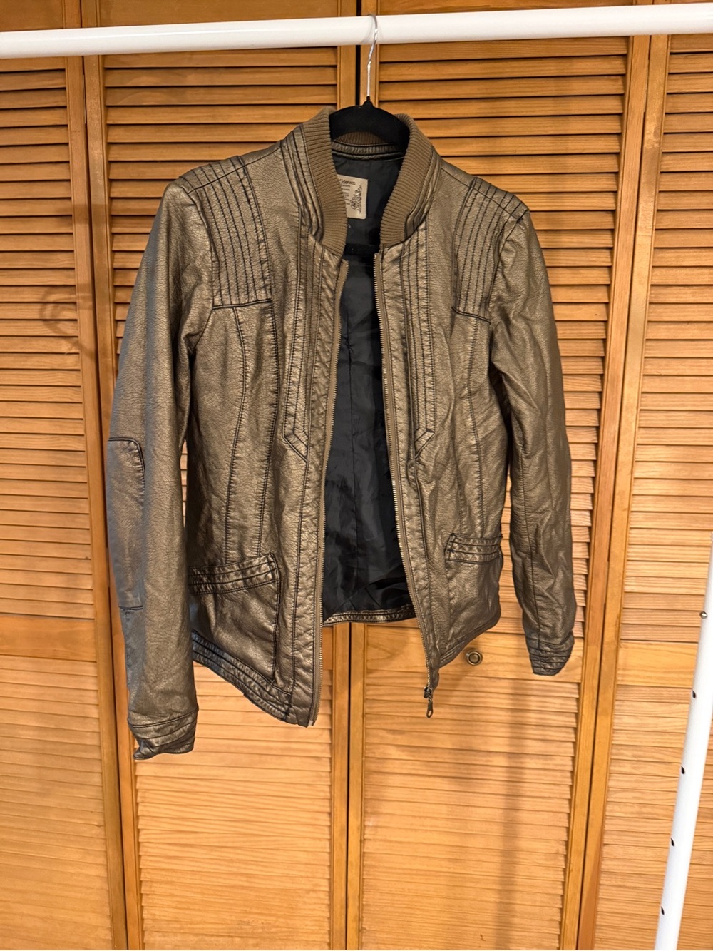 Ruff Hewn Well Worn Metallic Bronze Earthy Moto Style Faux Leather Bomber Jacket